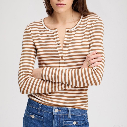 Women Striped Long Sleeve T-Shirt With Scarf Ribbed Knit Slim Fit Henley Neck Button Down Autumn Winter Polyester Cotton Blend Sexy Streetwear Top