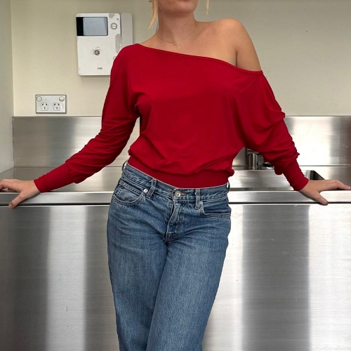 Women's Sexy Off-Shoulder Long Sleeve T-Shirt Ruched Slim Fit One-Shoulder Waist Cinching Top Polyester Milk Silk Solid Color Casual Party Tee for Ladies