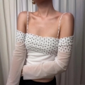 Women's Sexy French Style Polka Dot Off Shoulder Long Sleeve T-Shirt Mesh Patchwork Slim Fit Top Streetwear Club Party Blouse White