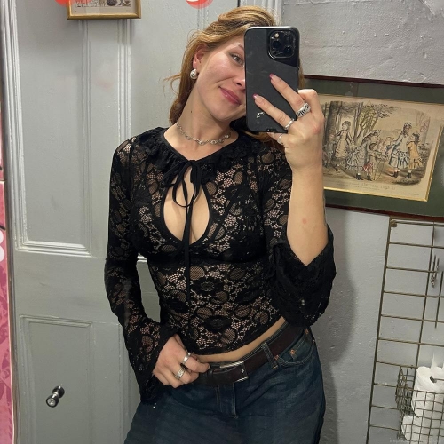 Sexy Perspective Lace Long Sleeve Crop Top For Women Chic Tie-Up Front Sheer Floral Mesh Polyester T-Shirt Streetwear Clubwear Black