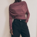 Women's Off Shoulder Long Sleeve Ruched T-Shirt Solid Color Slim Fit Draped Top Sexy Autumn Winter Polyester Milk Silk Blouse For Dating Streetwear