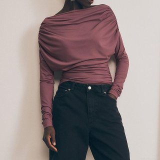 Women's Off Shoulder Long Sleeve Ruched T-Shirt Solid Color Slim Fit Draped Top Sexy Autumn Winter Polyester Milk Silk Blouse For Dating Streetwear