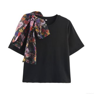 Women's Fashion Polyester T-Shirt With Large Floral Organza Bow Spliced Round Neck Casual Short Sleeve Pullover Top
