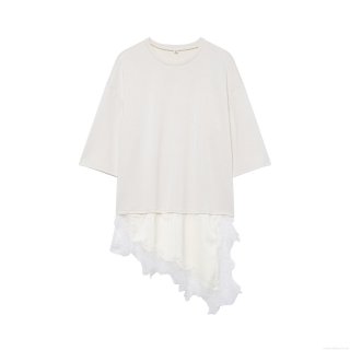 Women's Loose Short Sleeve Round Neck T-Shirt Lace Patchwork Irregular Hem Faux Two-Piece Casual Pullover Top Tee For Ladies Stylish Comfortable Daily Wear