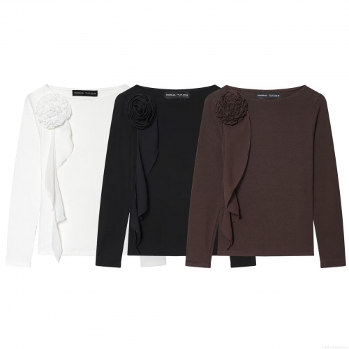 Women's 3D Flower Long Sleeve T-Shirt Spliced Round Neck Ribbed Knit Slim Fit Top Solid Color Western Street Style Autumn Blouse for Daily Party