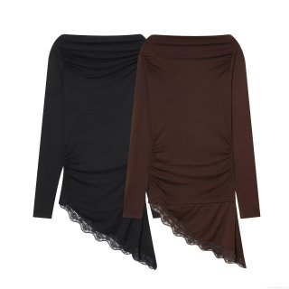 Women Off-Shoulder Long Sleeve T-Shirt With Asymmetric Lace Hem Ruched Side Solid Color Slim Fit Streetwear Top For Autumn Casual Daily Wear