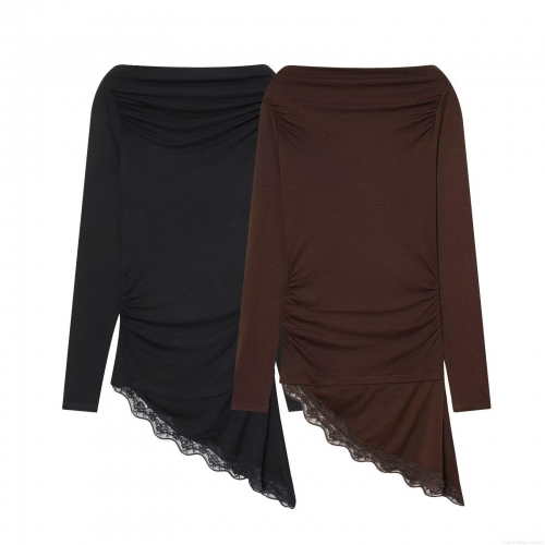 Women Off-Shoulder Long Sleeve T-Shirt With Asymmetric Lace Hem Ruched Side Solid Color Slim Fit Streetwear Top For Autumn Casual Daily Wear