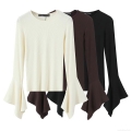 Women's Long Sleeve Ribbed Knit T-Shirt Flare Bell Sleeve Round Neck Solid Color Casual European Street Style Autumn Top