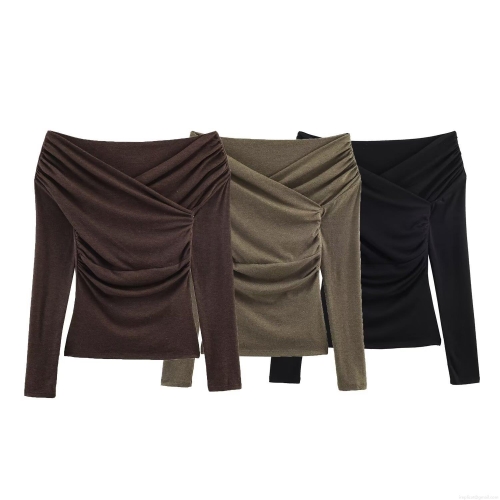 Women's Autumn V Neck Long Sleeve Polyester T-Shirt Ruched Cross Wrap Front Slim Fit Solid Color Casual Streetwear Top