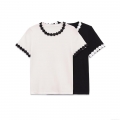 Women's Short Sleeve Polyester Knit T-Shirt With Contrast Flower Lace Trim Round Neck Casual Streetwear Top Tee For Women