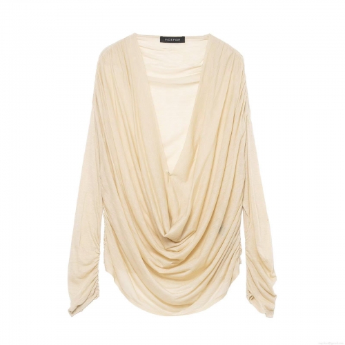 Women's Elegant Draped V-Neck Long Sleeve T-Shirt Ruched Polyester Top For Daily Commute Casual Chic Loose Blouse Streetwear