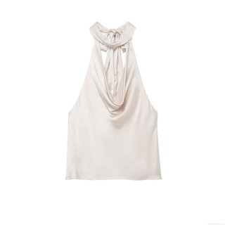 Elegant Women Silky Satin Cowl Neck Halter Top Sleeveless Backless With Bow Tie Tassel For Party Club Streetwear Solid Color Sexy Style