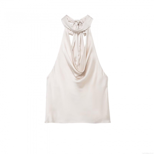 Elegant Women Silky Satin Cowl Neck Halter Top Sleeveless Backless With Bow Tie Tassel For Party Club Streetwear Solid Color Sexy Style