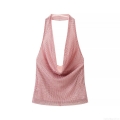 Women Sexy Halter Cowl Neck Top Rhinestone Mesh Backless Sleeveless T-Shirt Pink Slim Fit Party Streetwear Clubwear For Women