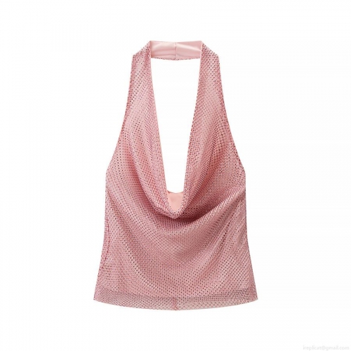 Women Sexy Halter Cowl Neck Top Rhinestone Mesh Backless Sleeveless T-Shirt Pink Slim Fit Party Streetwear Clubwear For Women