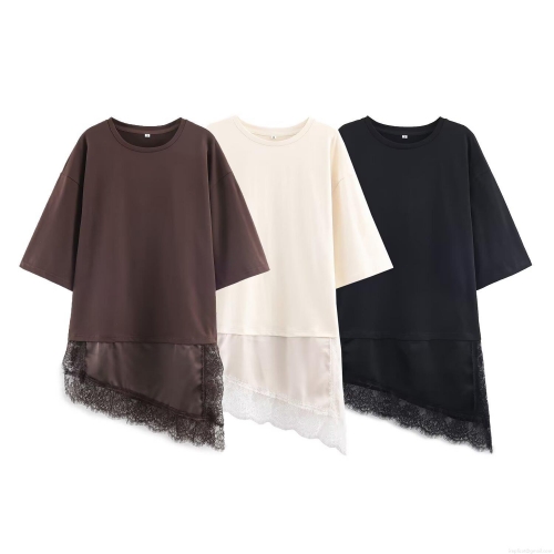 Women's Lace Patchwork T-Shirt Round Neck Loose Casual Top With Satin Asymmetrical Hem Short Sleeve Tunic For Daily Party Streetwear