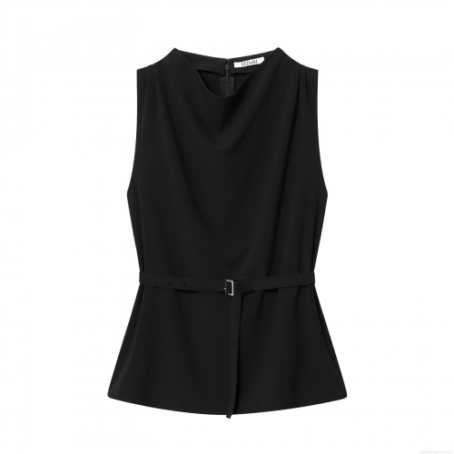 Women's Summer Sleeveless Round Neck Top Street Fashion Casual Cotton Blend Solid Color Tank Top With Detachable Belt Back Zipper Side Slit Hem Clothing For Women