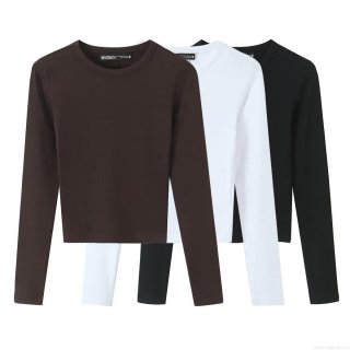 Women's Casual Long Sleeve Crop T-Shirt Slim Fit Cotton Blend Knit Solid Color Crew Neck Ribbed Basic Tee Streetwear Daily Top