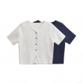 Women's Knitted Short Sleeve Cardigan Top Simple V-Neck Solid Color Crop Top With Silver Irregular Buttons Fashion Streetwear Casual Knitwear