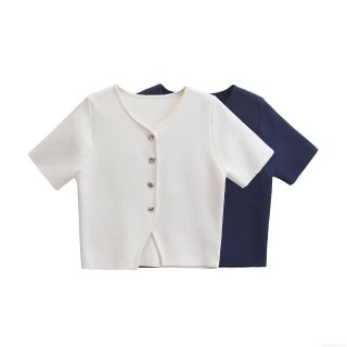 Women's Knitted Short Sleeve Cardigan Top Simple V-Neck Solid Color Crop Top With Silver Irregular Buttons Fashion Streetwear Casual Knitwear