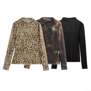 Women's Sexy Mesh Long Sleeve Top Semi-High Neck Slim Fit Leopard Print Tie-Dye Polyester Bottoming Shirt Fashion Streetwear Tee