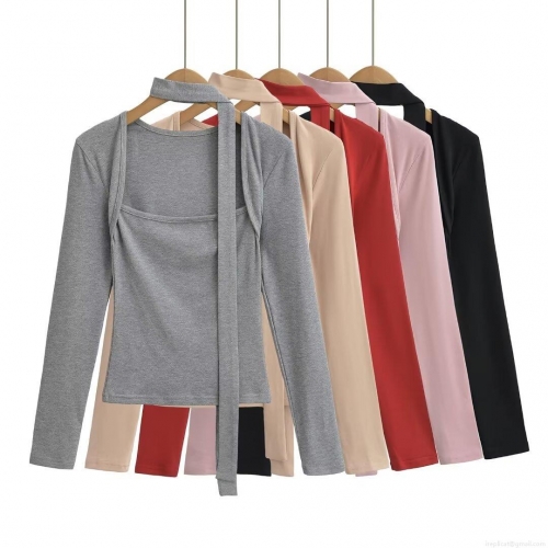Women's Long Sleeve T-Shirt Slim Fit Square Neck With Scarf Halter Lace Up Polyester Solid Color Winter Base Layer Top Streetwear Fashion Blouse for Ladies