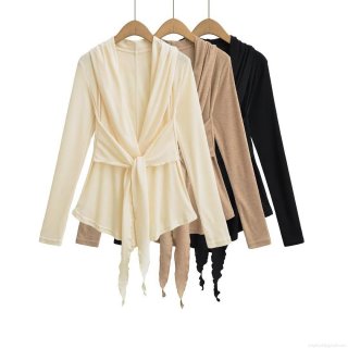 Women's Fashion Lace Up Long Sleeve Wrap Top V Neck Solid Color Polyester T-Shirt Slim Fit Cardigan Blouse For Autumn Winter Casual Streetwear