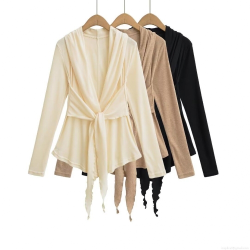 Women's Fashion Lace Up Long Sleeve Wrap Top V Neck Solid Color Polyester T-Shirt Slim Fit Cardigan Blouse For Autumn Winter Casual Streetwear