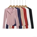 Women's Fashion POLO Collar Long Sleeve T-Shirt Slim Fit Ribbed Knit Top With Curved Hem Casual Solid Color Streetwear Base Layer For Women