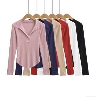 Women's Fashion POLO Collar Long Sleeve T-Shirt Slim Fit Ribbed Knit Top With Curved Hem Casual Solid Color Streetwear Base Layer For Women