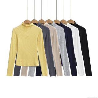 Women's High Neck Long Sleeve T-Shirt Ribbed Knit Slim Fit Base Layer Top Solid Color Casual Autumn Winter Streetwear Chic Tee