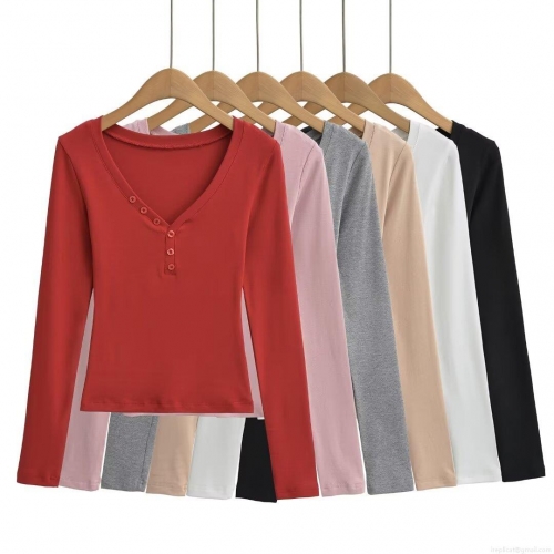 Women's Ribbed Knit Henley T-shirt V-neck Button Long Sleeve Slim Fit Base Layer Top Casual Fashion Solid Color Autumn Winter Tee