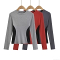 Women's Winter Fashion Patchwork Long Sleeve T-Shirt Crew Neck Slim Fit Polyester Base Layer Top Casual Color Block Streetwear Tee For Ladies