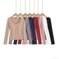 Women's Winter Fashion U-Neck Slim Fit Long Sleeve T-Shirt Solid Color 95% Polyester 5% Spandex Base Layer Top for Daily Wear Streetwear