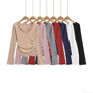 Women's Long Sleeve V Neck Ruched T-Shirt Slim Fit Polyester Ribbed Knit Top Fashion Casual Streetwear Stretchy Undershirt For Women