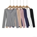 Women Fashion Halter Neck Button Decor V Neck Long Sleeve T-Shirt Slim Fit Solid Color Polyester Knit Base Layer Top Streetwear Casual Autumn Winter