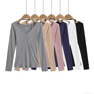 Women Fashion Halter Neck Button Decor V Neck Long Sleeve T-Shirt Slim Fit Solid Color Polyester Knit Base Layer Top Streetwear Casual Autumn Winter