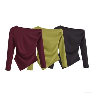 Women's Asymmetric One Shoulder T-Shirt Sexy Ruched Slim Fit Long Sleeve Top Solid Color Polyester Streetwear Casual Blouse For Autumn Winter