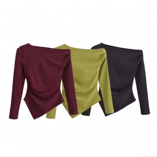 Women's Asymmetric One Shoulder T-Shirt Sexy Ruched Slim Fit Long Sleeve Top Solid Color Polyester Streetwear Casual Blouse For Autumn Winter