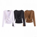 Women's Elegant Cowl Neck Long Sleeve Top Polyester Spandex Ruched Side Slim Fit Solid Color Blouse For Daily Streetwear