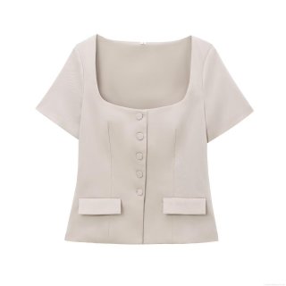 Women's Square Neck Short Sleeve Button Down Top Elegant Slim Fit Solid Color Polyester T-Shirt Casual Blouse Fashion Streetwear For Women