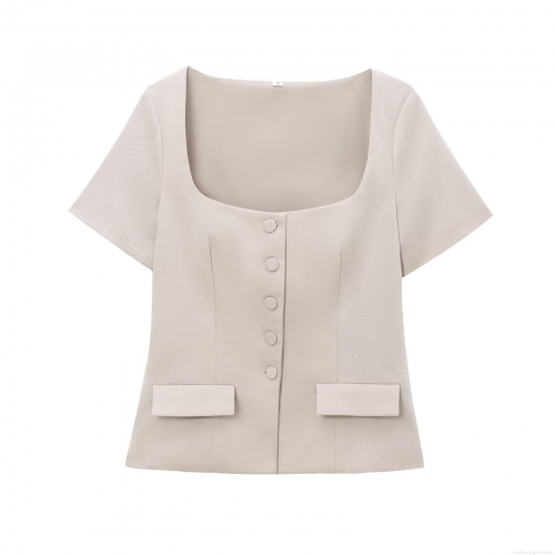 Women's Square Neck Short Sleeve Button Down Top Elegant Slim Fit Solid Color Polyester T-Shirt Casual Blouse Fashion Streetwear For Women