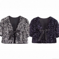 Women Fashion Sequin Short Sleeve T-Shirt Bolero Shrug With Black Satin Bow Tie V-Neck Sparkly Party Clubwear Western Style Streetwear Top