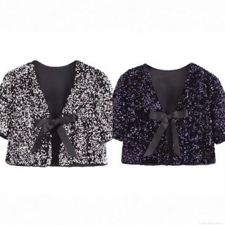 Women Fashion Sequin Short Sleeve T-Shirt Bolero Shrug With Black Satin Bow Tie V-Neck Sparkly Party Clubwear Western Style Streetwear Top