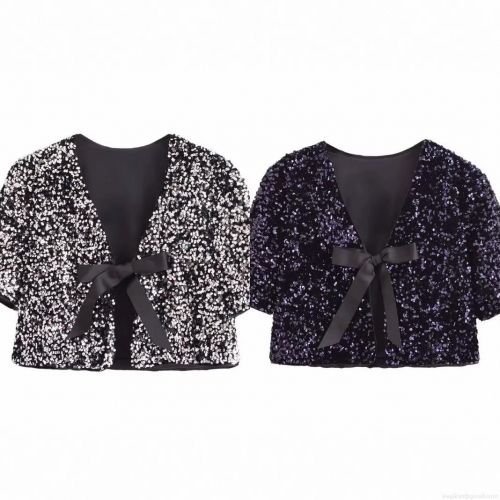 Women Fashion Sequin Short Sleeve T-Shirt Bolero Shrug With Black Satin Bow Tie V-Neck Sparkly Party Clubwear Western Style Streetwear Top
