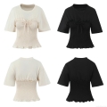 Women's 100% Cotton T-Shirt With Smocking Waist Bowknot Decoration Ruffle Lettuce Trim Short Sleeve Slim Fit Round Neck Summer Top French Retro Street Style For Daily Dating