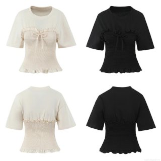 Women's 100% Cotton T-Shirt With Smocking Waist Bowknot Decoration Ruffle Lettuce Trim Short Sleeve Slim Fit Round Neck Summer Top French Retro Street Style For Daily Dating