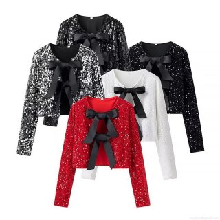 Women's Sequined Bow Knot Cardigan Long Sleeve Crop Top Polyester Sequin Satin Ribbon Tie Up Bolero Jacket For Party Clubwear Christmas New Year Glamorous Streetwear