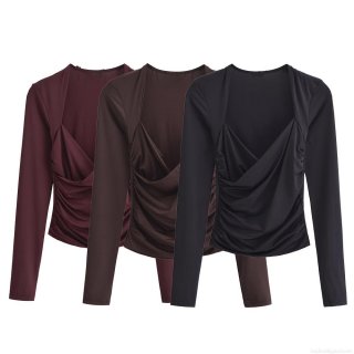 Women's V Neck Ruched Front Long Sleeve T-Shirt Slim Fit Solid Color 100% Polyester Basic Fitted Top For Daily Streetwear Party Casual Fashion