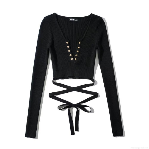 Sexy V-Neck Tie-Up Crop Top Women Ribbed Knit Long Sleeve Backless Shirt Slim Fit Streetwear Fashion Metal Button Decoration Cross Bandage Tee